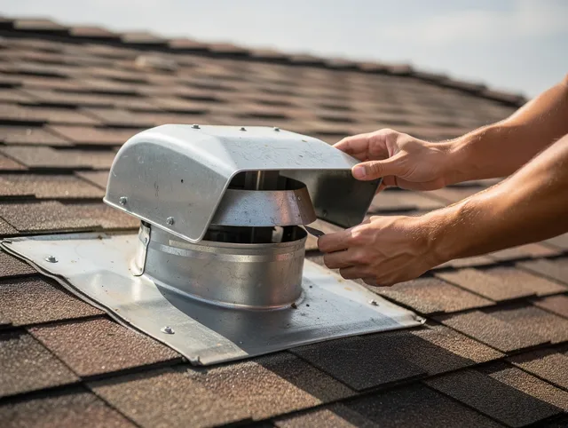 Mayfield Heights Dryer Vent Cleaning certified technician safely cleaning a roof-mounted dryer vent in Mayfield Heights