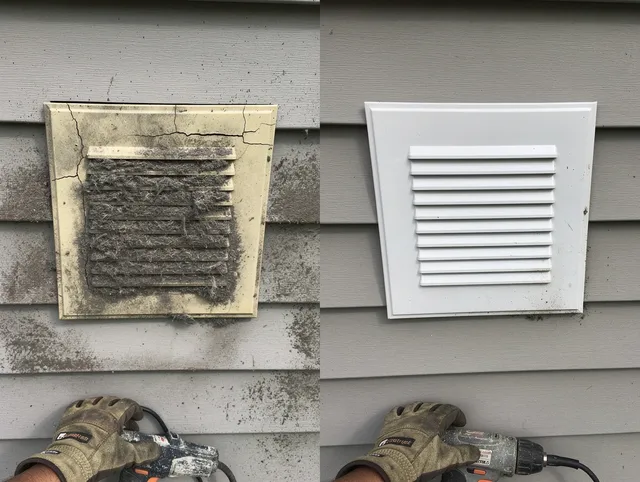 Mayfield Heights Dryer Vent Cleaning technician installing high-quality dryer vent cover at a residential property in Mayfield Heights