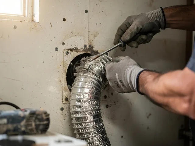 Mayfield Heights Dryer Vent Cleaning technician performing precise dryer vent hose installation in Mayfield Heights